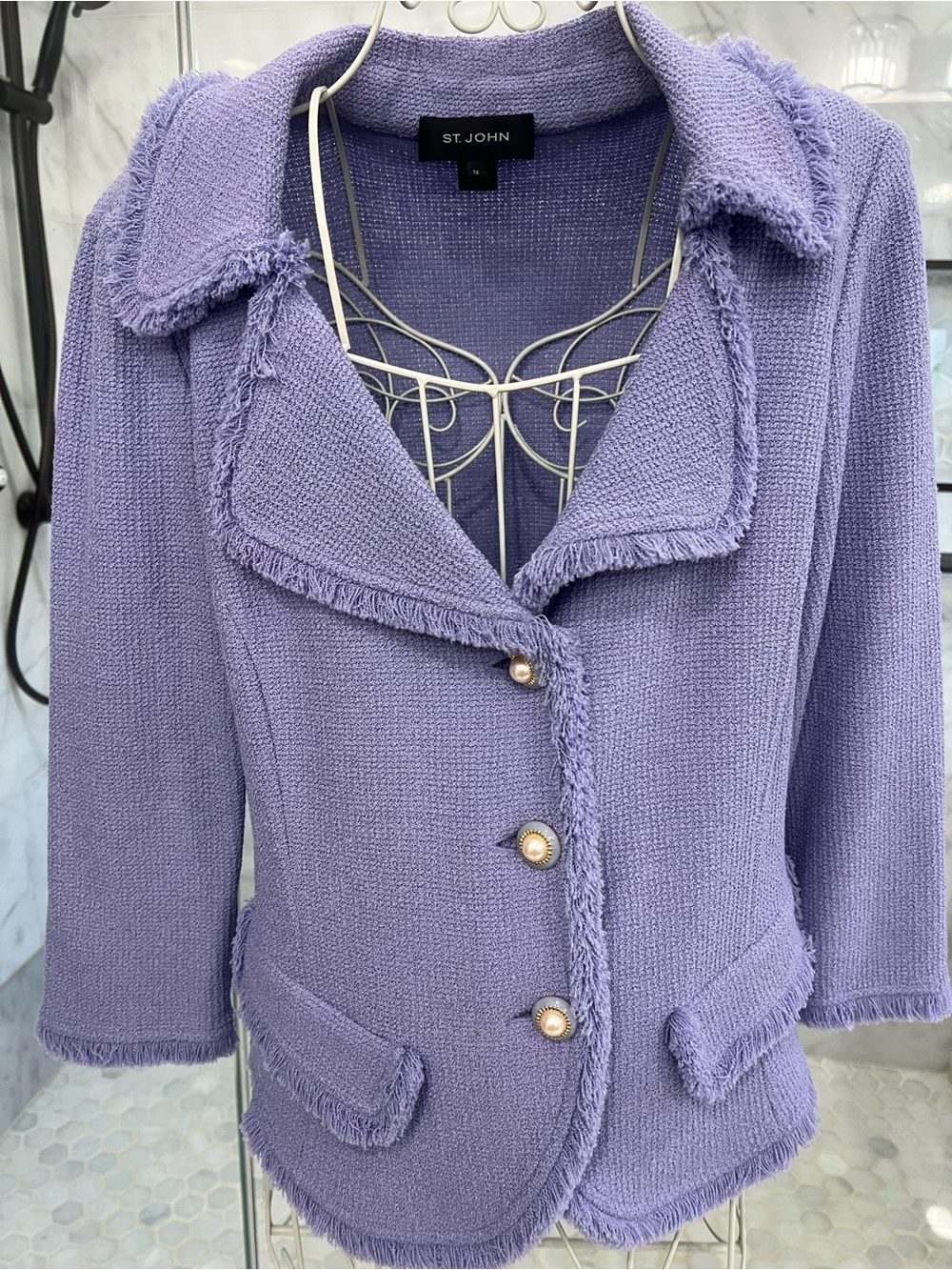 St. John Lilac Fringe Knit Blazer with Pearl Buttons.  EUC